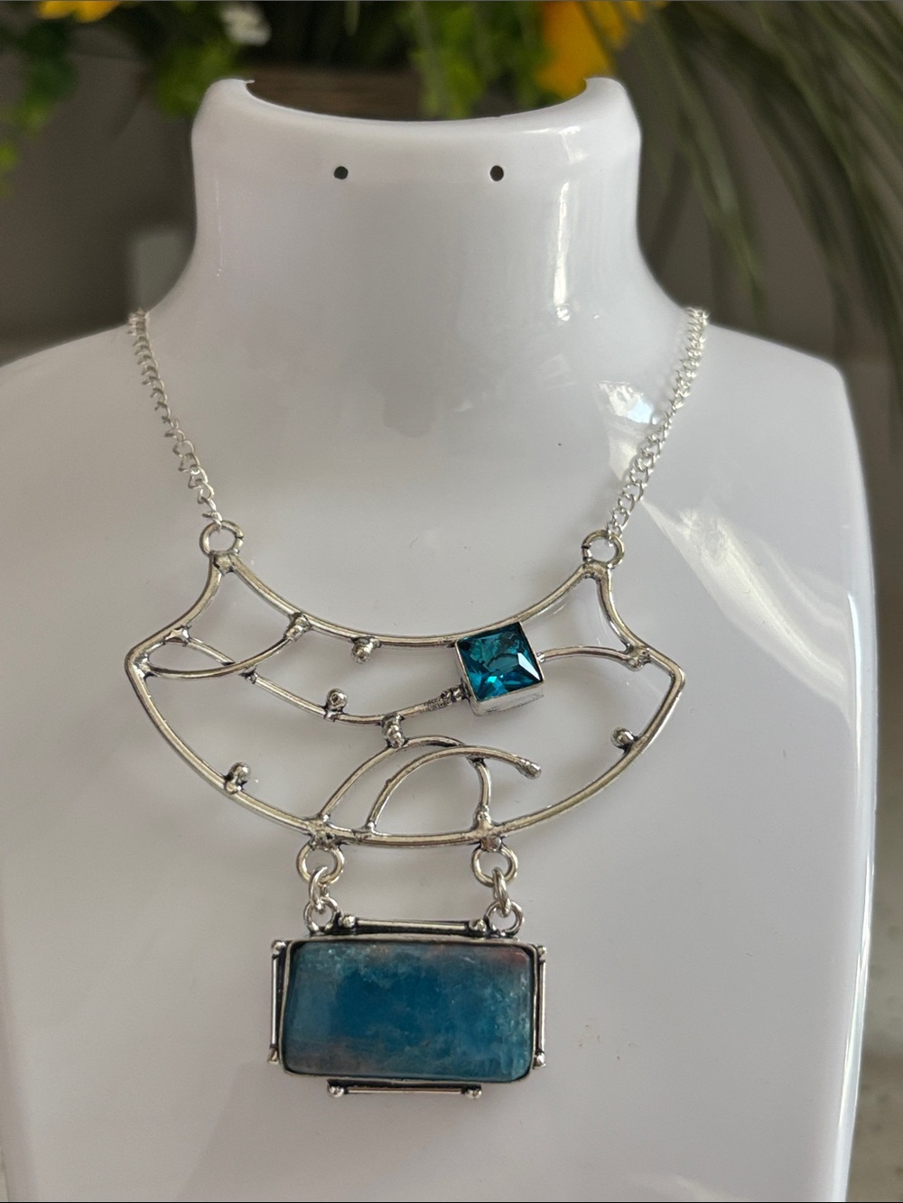 Sterling Silver Apatite & Blue Topaz Gemstone Statement Necklace